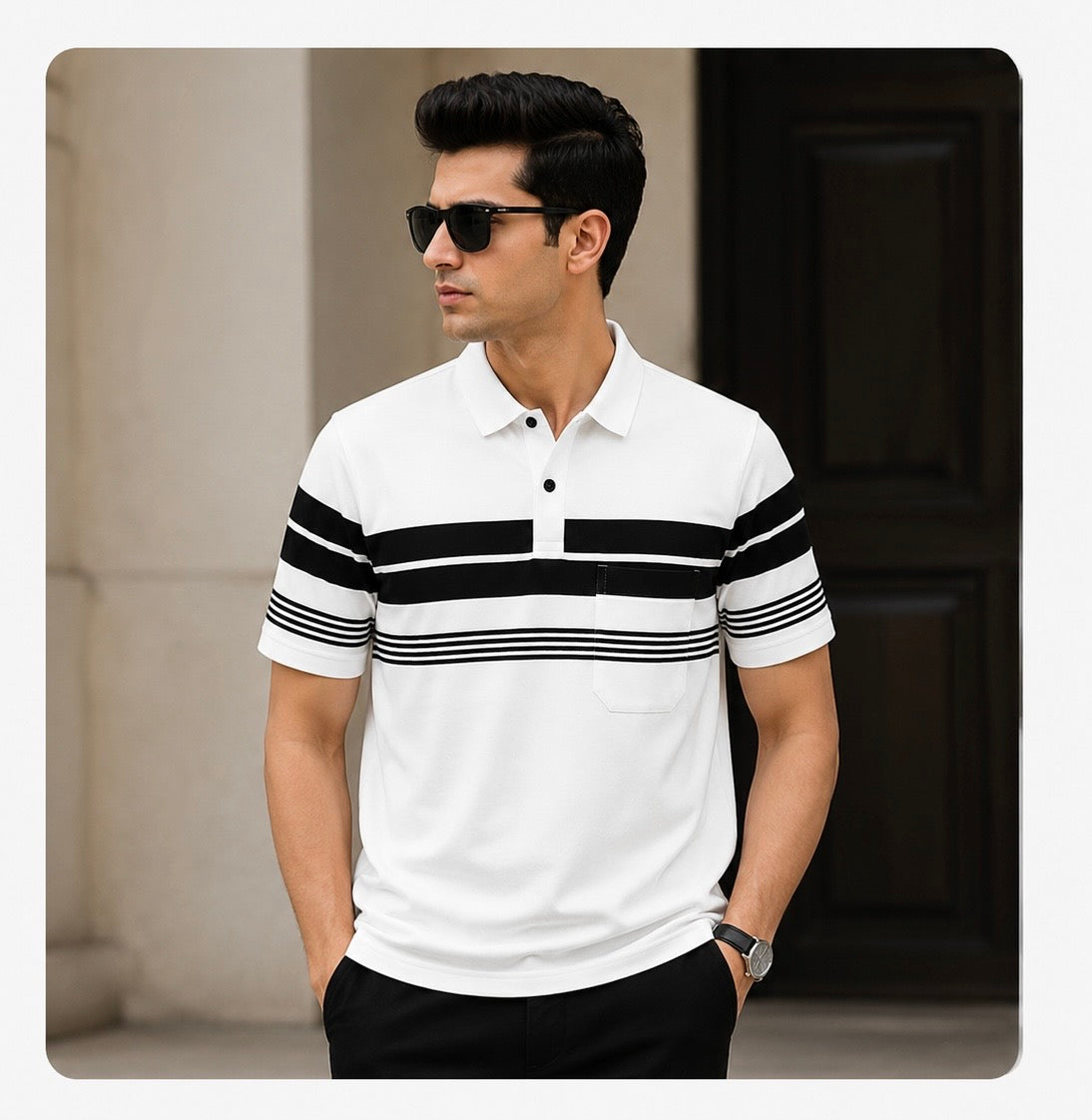 Classic stripe polo shirt hello